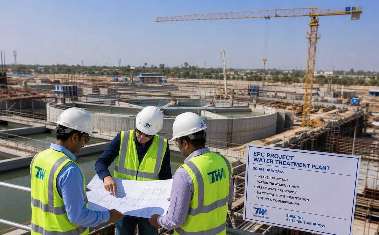 BioTerraVa engineers reviewing drawings at a water treatment plant EPC construction site